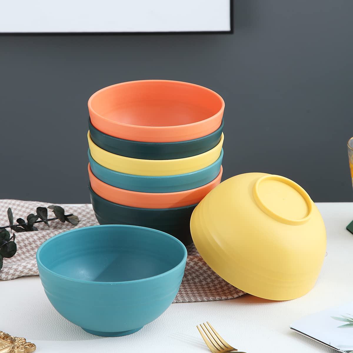 Kyraton Plastic Cereal Bowls 8 Pieces, Unbreakable and Reusable Light Weight Bowl for Rice Noodle Soup Snack Salad Fruit BPA Free Dishwasher Safe (Mutil Color)
