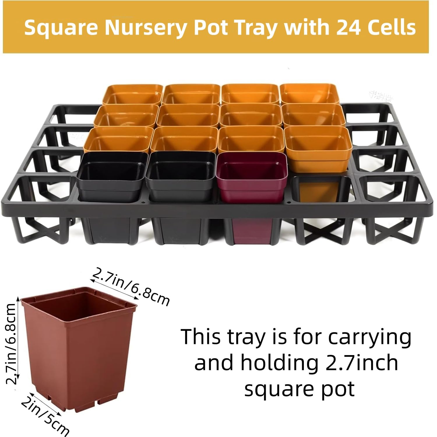 5 Pack Square Nursery Pot Tray with 24 Cells, Plant Trays for Pots, Plastic Planting Trays, Flower Pot Moving Tray for Carrying Small Plant Pots (17" x 11" x 2", 120 Cells in Total)