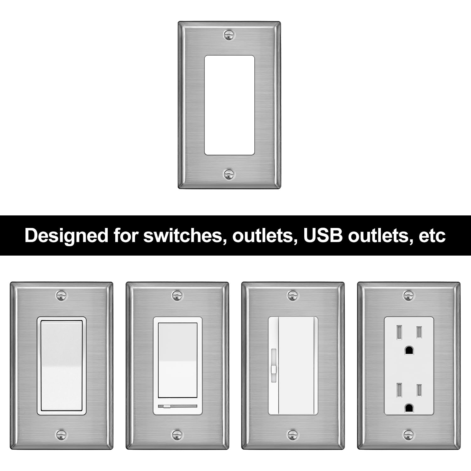 BESTTEN 10 Pack 1-Gang Decorator Metal Wall Plate with Protective Film, Heavy Duty Brushed Finish Faceplate, Corrosion-Resistant Decor Stainless Steel Outlet and Switch Cover, Standard Size, Silver