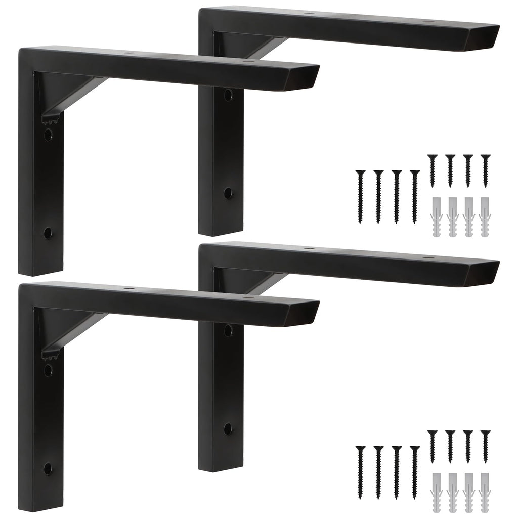 Terafeels 4 Pack Black Shelf Brackets – Stainless Steel L Shaped Wall Shelf Supports with Triangular Reinforcement, Hollow Design, Screws and Wall Plugs Included 6 Inch