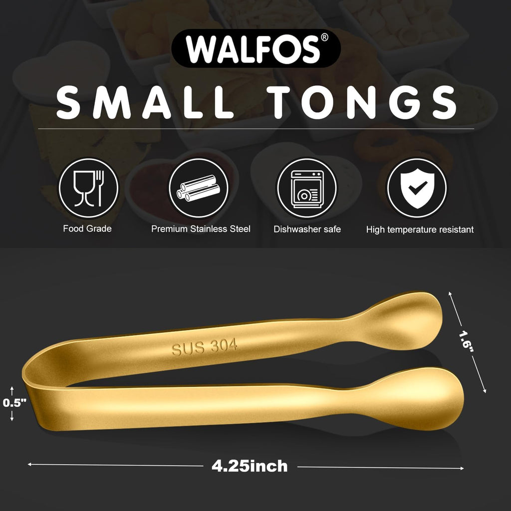 Walfos 12 Pcs Mini Gold Tongs, 4.25" Small Serving Tongs, Stainless Steel Kitchen Tongs for Appetizers, Parties Catering, Sugar, Desserts, Tea Party, Coffee Bar