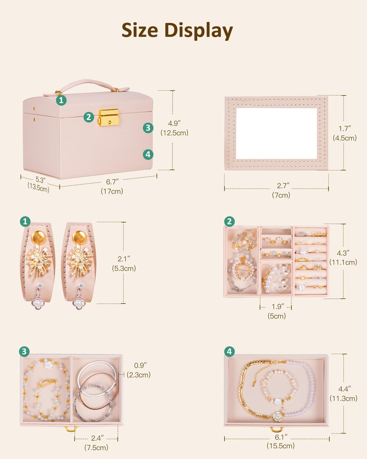 Lifcozy Jewelry Box for Girls Women, 3-Layer Jewelry Organizer with Mirror and Portable Handle, Small Jewellery Organizers for Young Women, Teenage Girl, 17.2 x 13.5 x 12.5 cm Pink