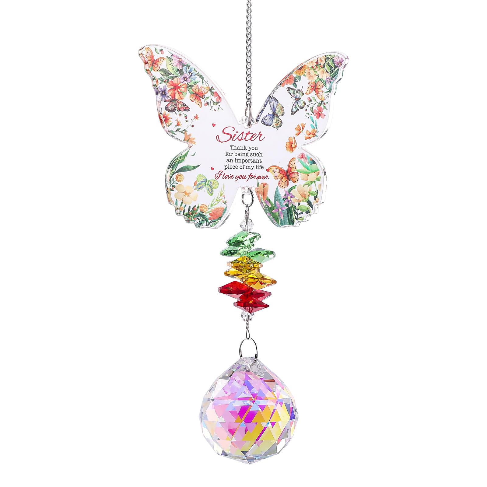 Yimofy Butterfly Crystal Sun Catcher with Grateful Message Sister Christmas Birthday Gifts from Sister Brother, Hanging Crystal Suncatcher Ornament Rainbow Maker for Window Garden Decor