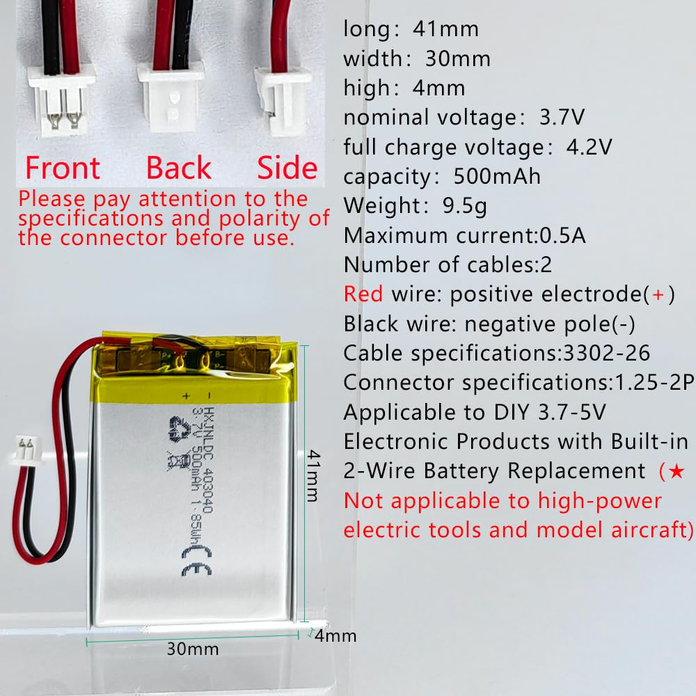 DC 3.7V 500mAh 403040 Rechargeable Lithium Polymer Battery, Suitable for DIY 3.7-5V Electronic Products with Built-in 2-Wire Battery Replacement and LED Lights