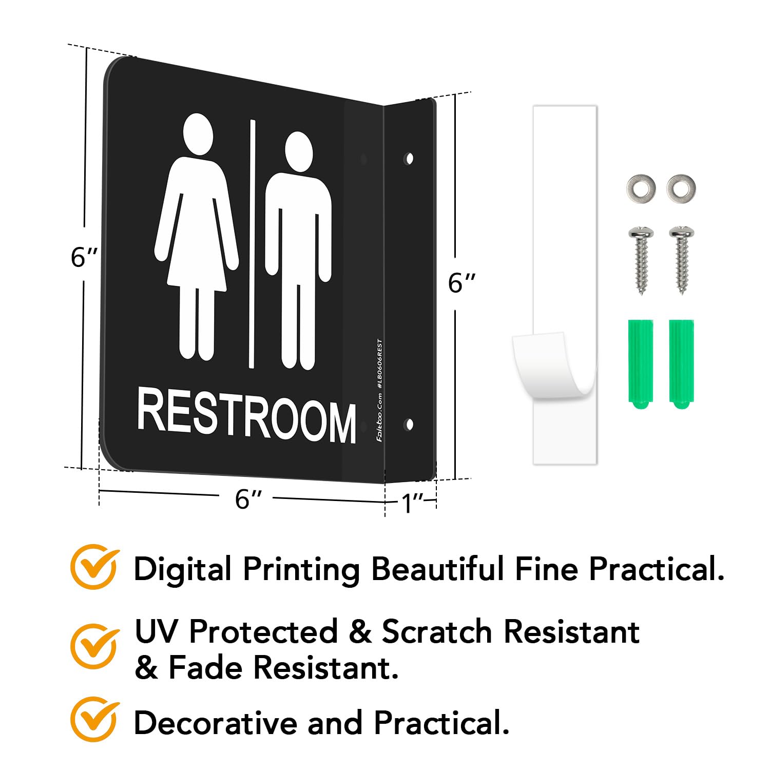Faittoo Restroom Sign, Bathroom Signs, (2 Pack) 6 x 6 Inches Unisex Acrylic Sign, for Office or Business Bathroom and Toilet Door or Wall Decor, Indoor Outdoor Use (Black)