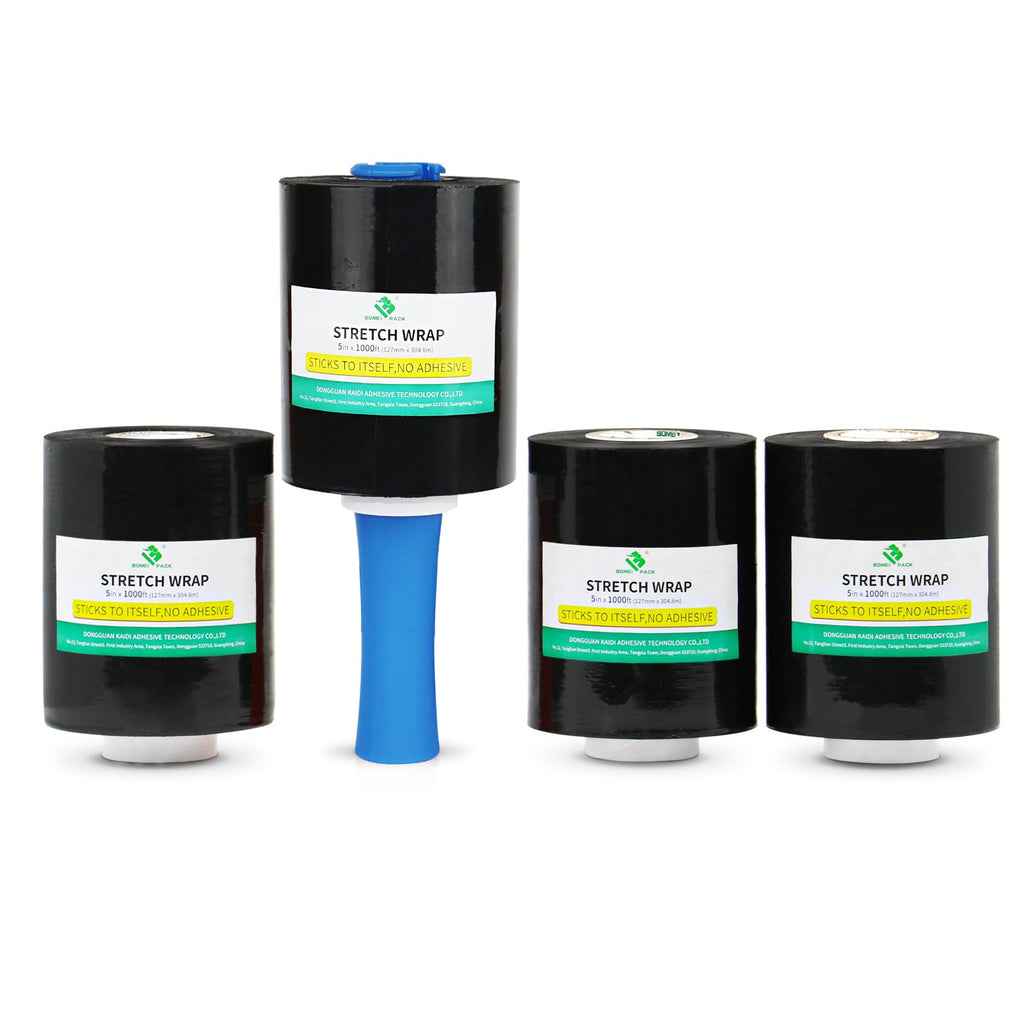 BOMEI PACK Black Stretch Wrap Film Roll, Plastic Shrink Wrap for Moving 5 inch x 1000 ft, 4 Packs with 1Plastic Handle