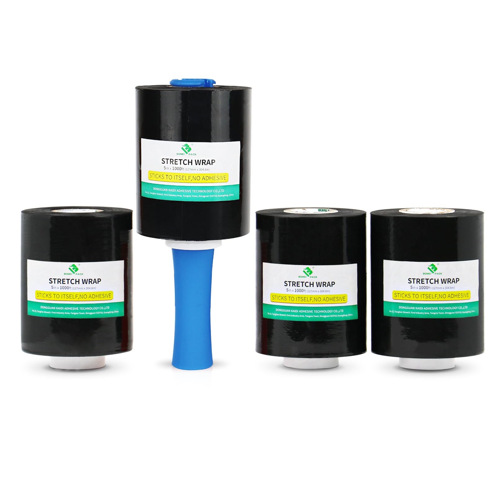 BOMEI PACK Black Stretch Wrap Film Roll, Plastic Shrink Wrap for Moving 5 inch x 1000 ft, 4 Packs with 1Plastic Handle