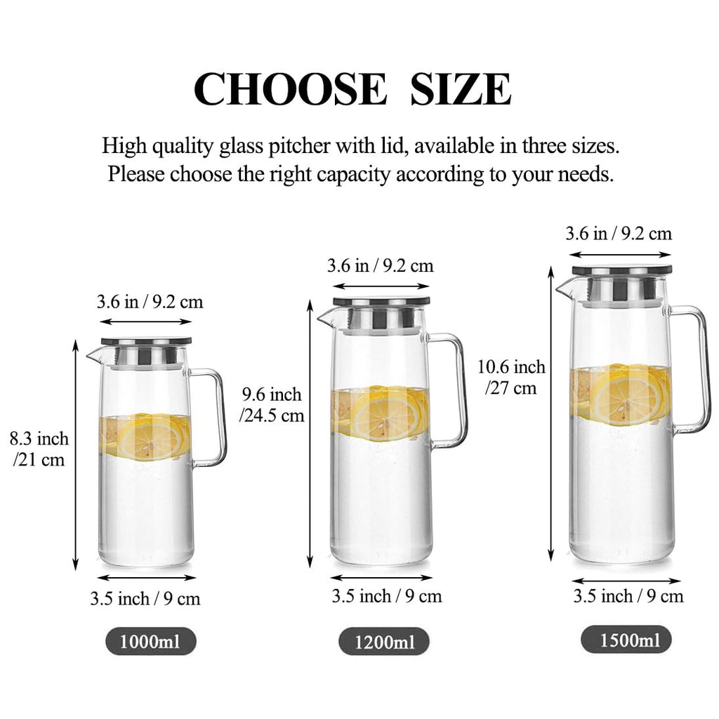Sharemee - Glass Water Pitcher with Stainless Steel Lid, Wide Mouth with Handle, Easy Pour Spout Water Bottle Carafe Flask Glass Container, Good Heat Resistance Juice Jar Tea Infuser, 1200ml/42oz