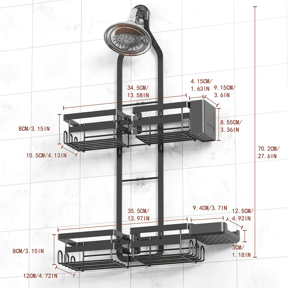 Gabeeriso Shower Caddy Hanging, Bathroom Organizer Black Rustproof 2-Tier Adjustable Height Over Shower Head with Soap/Toothbrush Holder &12 Hooks, No Drilling Shower Storage