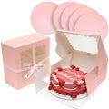 qiqee 8x8x5 Cake Box, 18 Sets Pink Cake Box with Window ＆ 18 Sets 8" Pink Cake Round Boards, 8inch Cake Containers