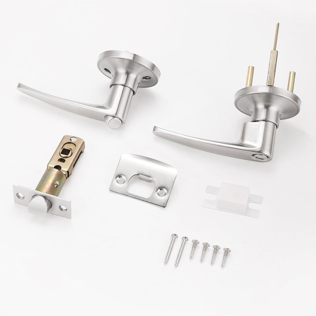 Probrico Door Handles Interior, Satin Nickel Door Lock for Bedroom, Levers Indoor Bed/Bath Handle With Lock, Privacy and Security, Left or Right Handed Doors
