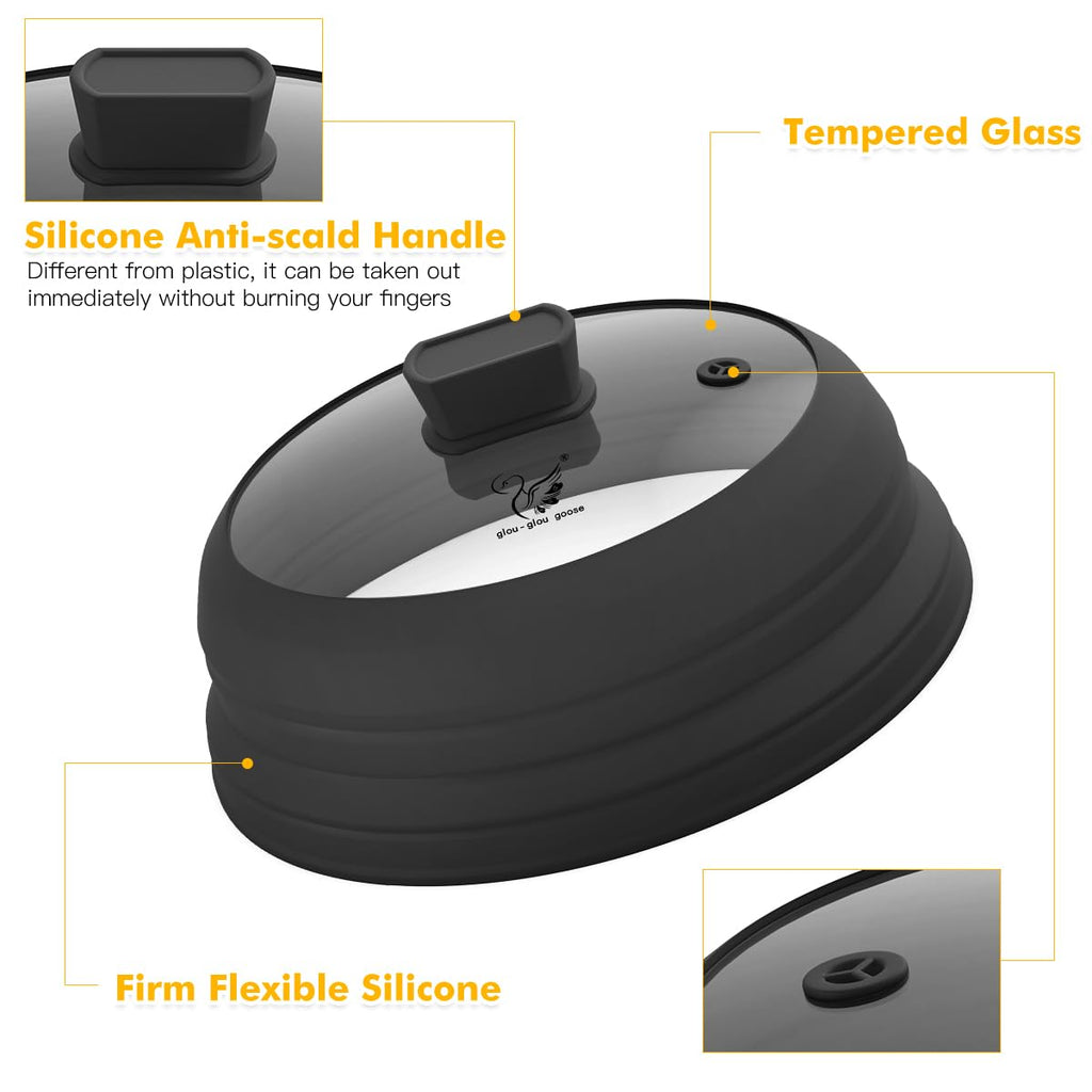 Microwave Splatter Cover Glass Splatter Guard Lid with Collapsible Silicone for Food Pot Cover Plate Cover 10.8 inch Black