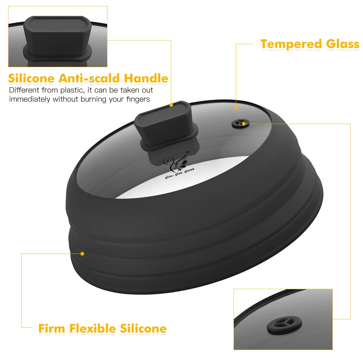 Microwave Splatter Cover Glass Splatter Guard Lid with Collapsible Silicone for Food Pot Cover Plate Cover 10.8 inch Black