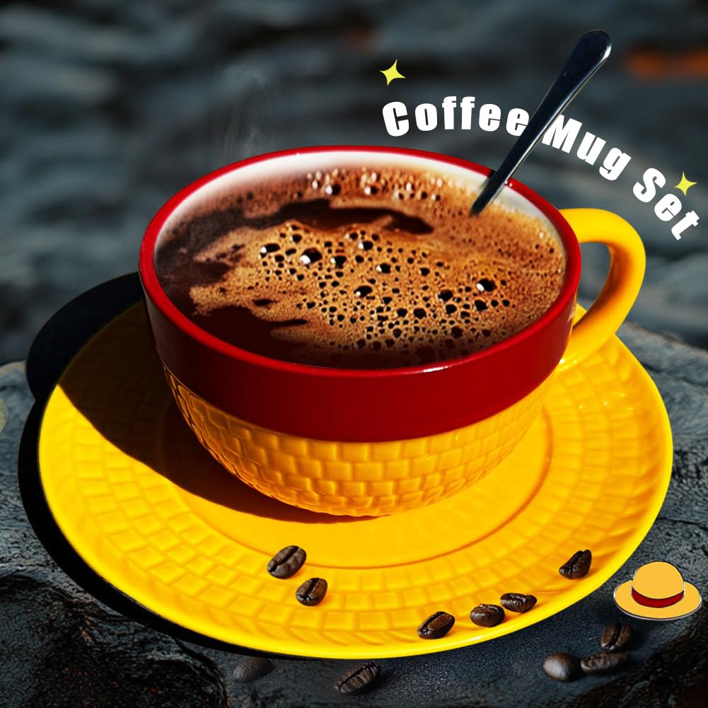 shiningsoul 4-Piece Ceramic Coffee Mug Set, 8.5oz 3D Novelty Straw Hat Shaped Cup with Saucer, Stainless Steel Spoon and Enamel Pin, Pirate Adventure Themed Gift for Tea Lovers and Home Office Decor