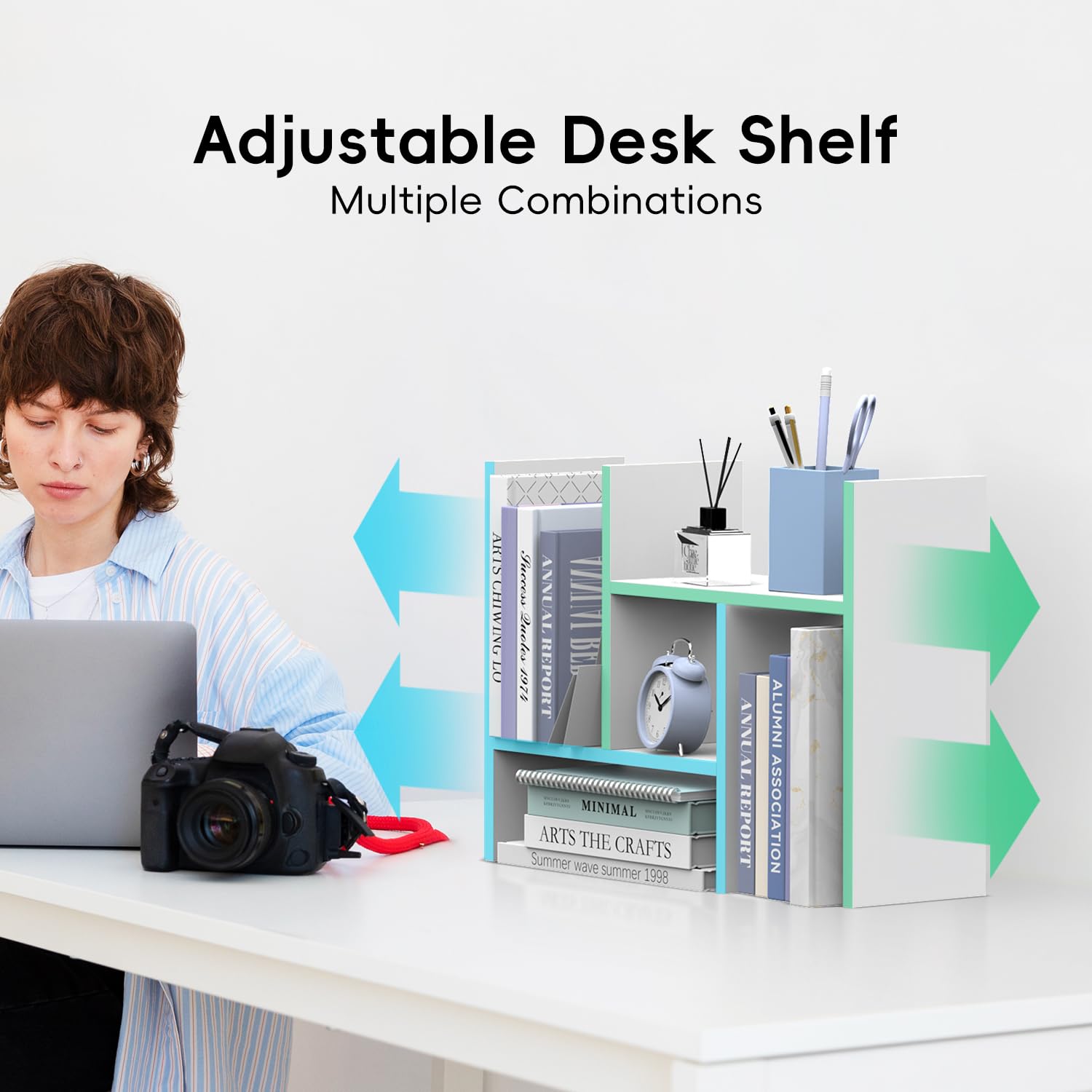 SUPEASY Wood Desk Shelf, Desktop Organizer Adjustable Desk Hutch, 5 Units, Desk Organizers and Accessories, Book Shelf Organizer for Home, Office, 16" L x 15.8" H x 6.8" W, White
