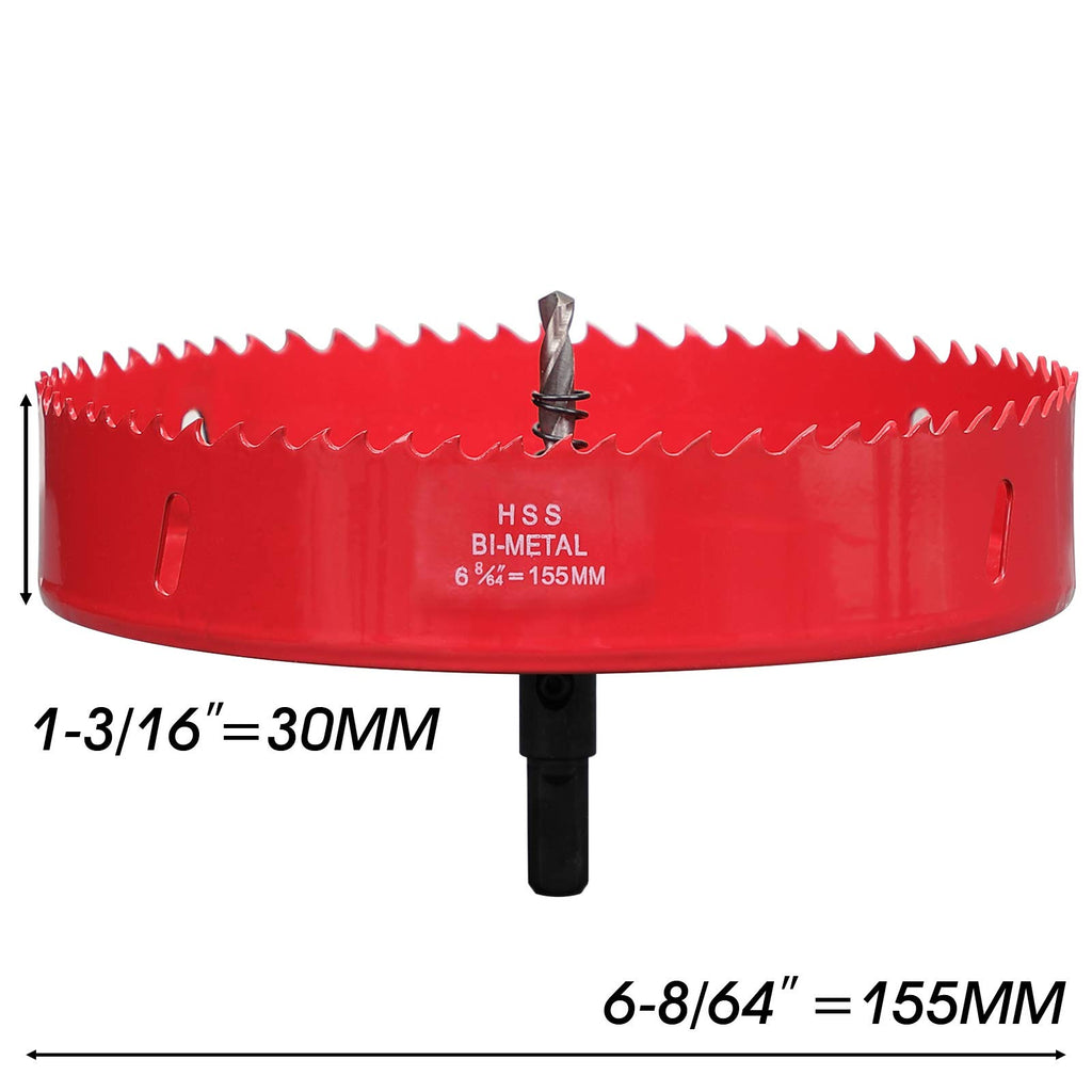 Hole Saw 6-1/8 inch in Diameter, 155mm HSS Bi-Metal Hole Cutter with Center Bit for Cutting Wood, Plastic, Plasterboard and Soft Metal Sheet