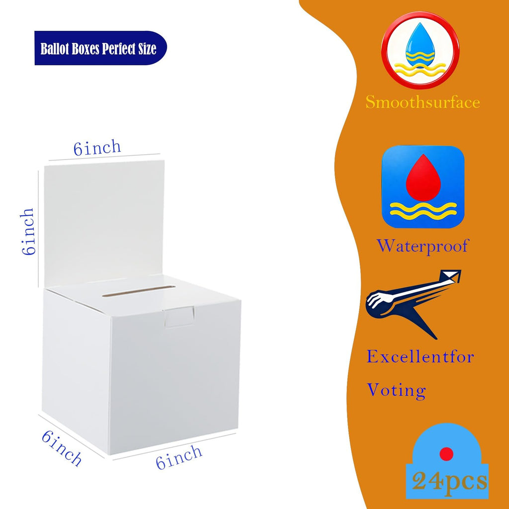 24 Pack Raffle Ticket Box - White Ballot Box with Slot 6 x 6 x 6 Inches Raffle, Cardboard Suggestion Removable Header Donation Boxes for Fundraising Collecting Business Card Voting Contest
