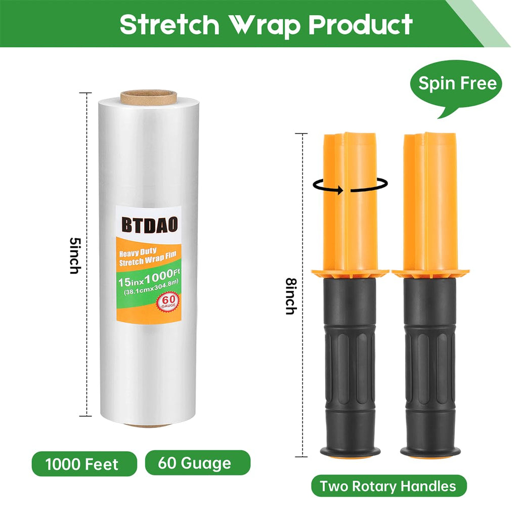 Stretch Wrap Stretch Film with Handles 15" X 1000 Feet Shrink Wrap Packing Moving Suppliers 60 Gauge Plastic Wrap for Pallet Wrapping Shipping and Surface Protection (1 Packs)