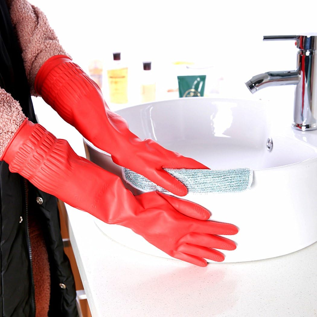 YSLON Rubber Cleaning Gloves Kitchen Dishwashing Glove 2-Pairs And Cleaning Cloth 2-Pack,Waterproof Reuseable.(Medium)