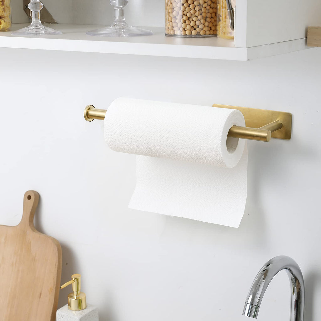 theaoo Gold Paper Towel Holder - Under Cabinet Paper Towel Holder for Kitchen, Adhesive Paper Towel Roll Rack for Bathroom Towel, Wall Mounted Matte Black Paper Towel Rack, SUS304 Stainless Steel