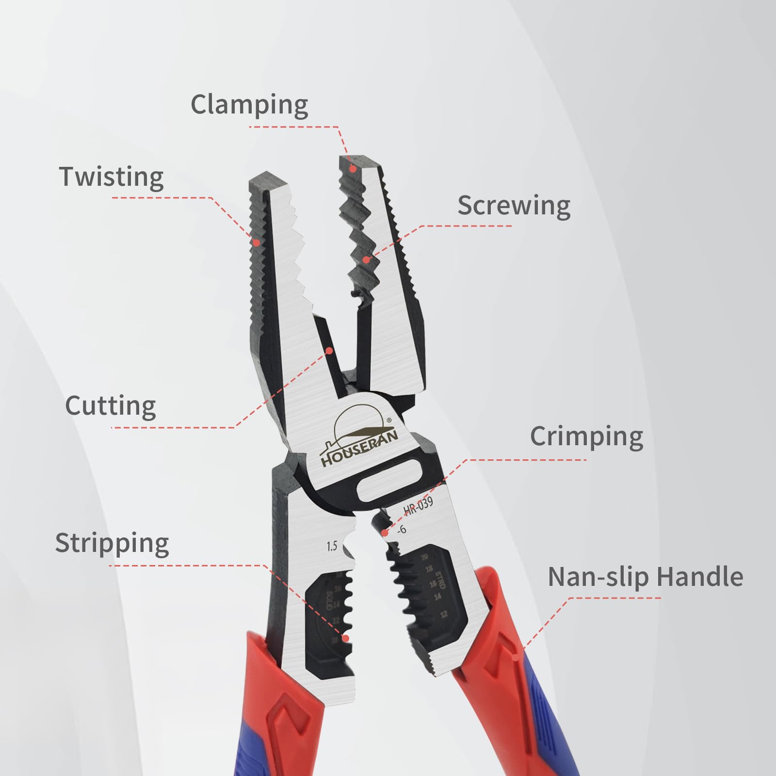 HOUSERAN Linemans Pliers, Combination Pliers with Wire Stripper and Crimper, 8 Inch Lineman Plier, 5-in-1 Linesman for Cutting, Crimping, Stripping