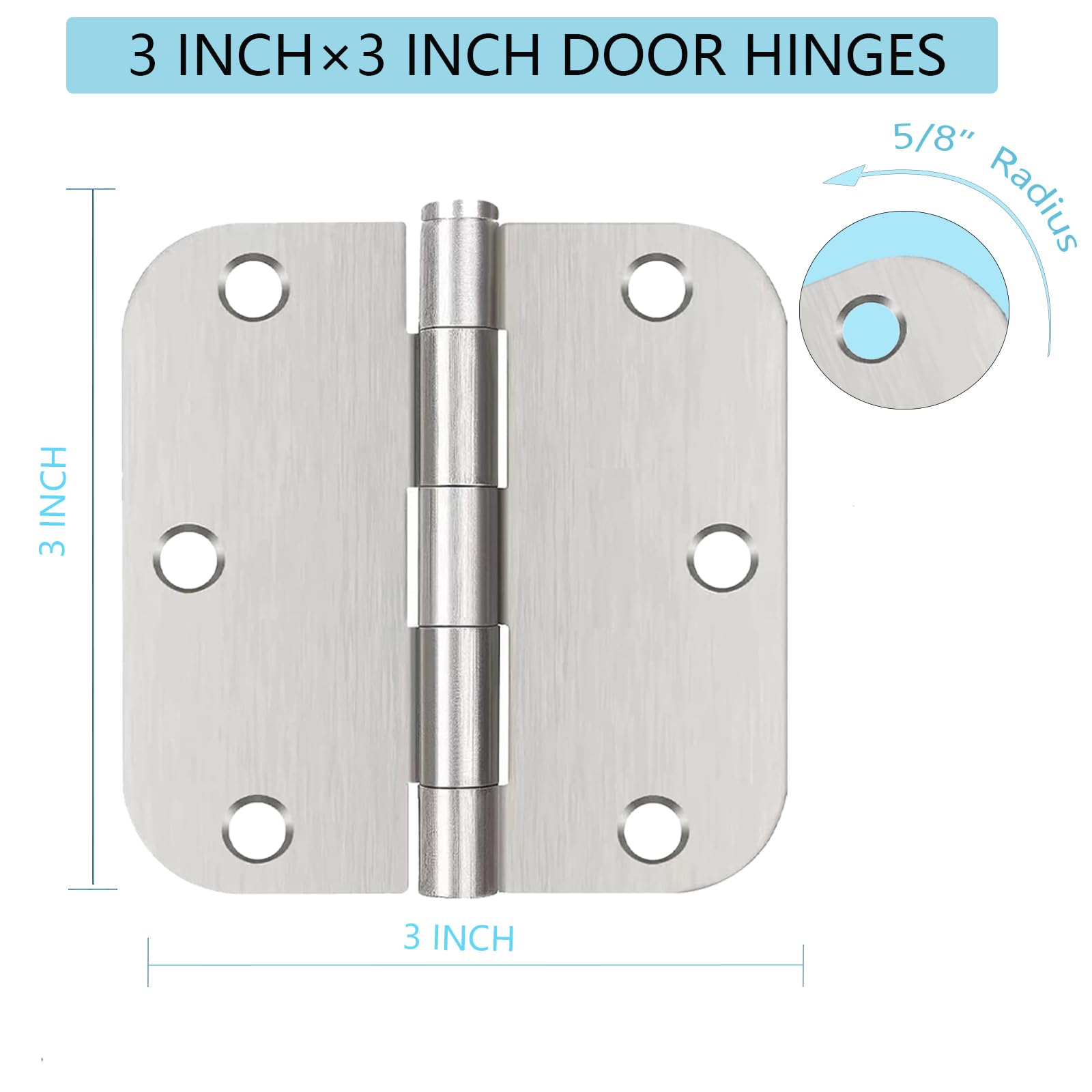 Brushed Nickle Door Hinges,6 Pack Exterior Hinges Doors,3x3 Inch Silver Hinge for Interior Doors 5/8" Rounded Radius Corners Durable Steel Hinge Door Hardware