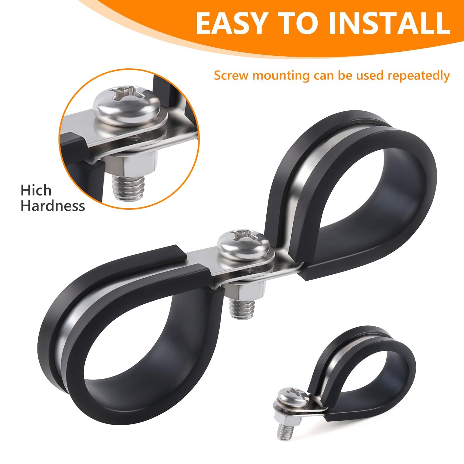 Flytuo 60PCS Cable Clamps Assortment Kit, 304 Stainless Steel Rubber Cushion Pipe Clamps in 7 Sizes (1/4" 5/16" 3/8" 1/2" 5/8" 3/4" 1") - P Clips for Fasten Hose, Pipe and Cable