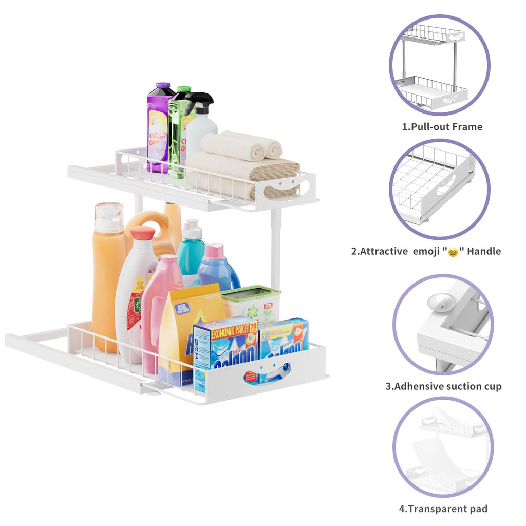 JAQ Under Sink Organizer for Kitchen, 2 Tier Pull Out Sliding Cabinet Organizer, Heavy Duty Metal Under Cabinet Storage for Kitchen Sink, Double Slide Out Drawers (White, 1 Pack)