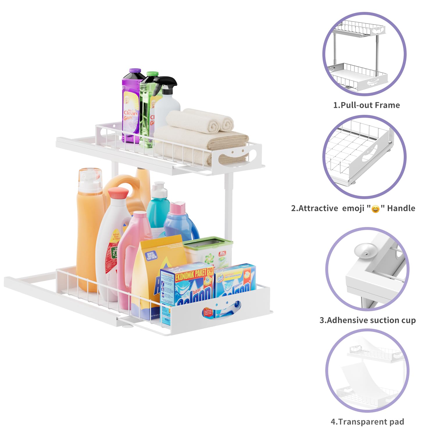 JAQ Under Sink Organizer for Kitchen, 2 Tier Pull Out Sliding Cabinet Organizer, Heavy Duty Metal Under Cabinet Storage for Kitchen Sink, Double Slide Out Drawers (White, 1 Pack)