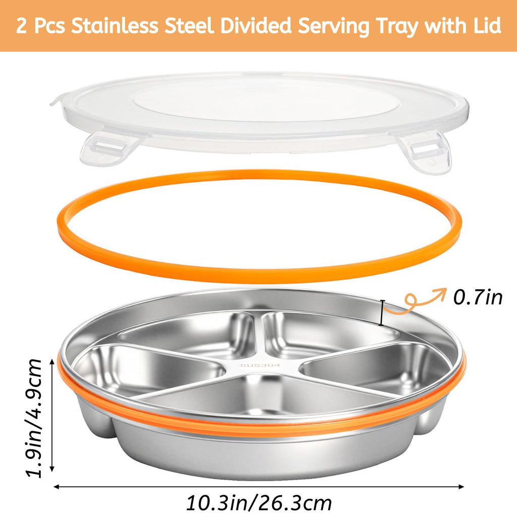 YOUEON 2 Pack Stainless Steel Divided Serving Tray with Lid, 5 Compartments Round Veggie Tray Snack Box, Reusable Sectioned Food Storage Container for Meal Prep, Party, Entertaining
