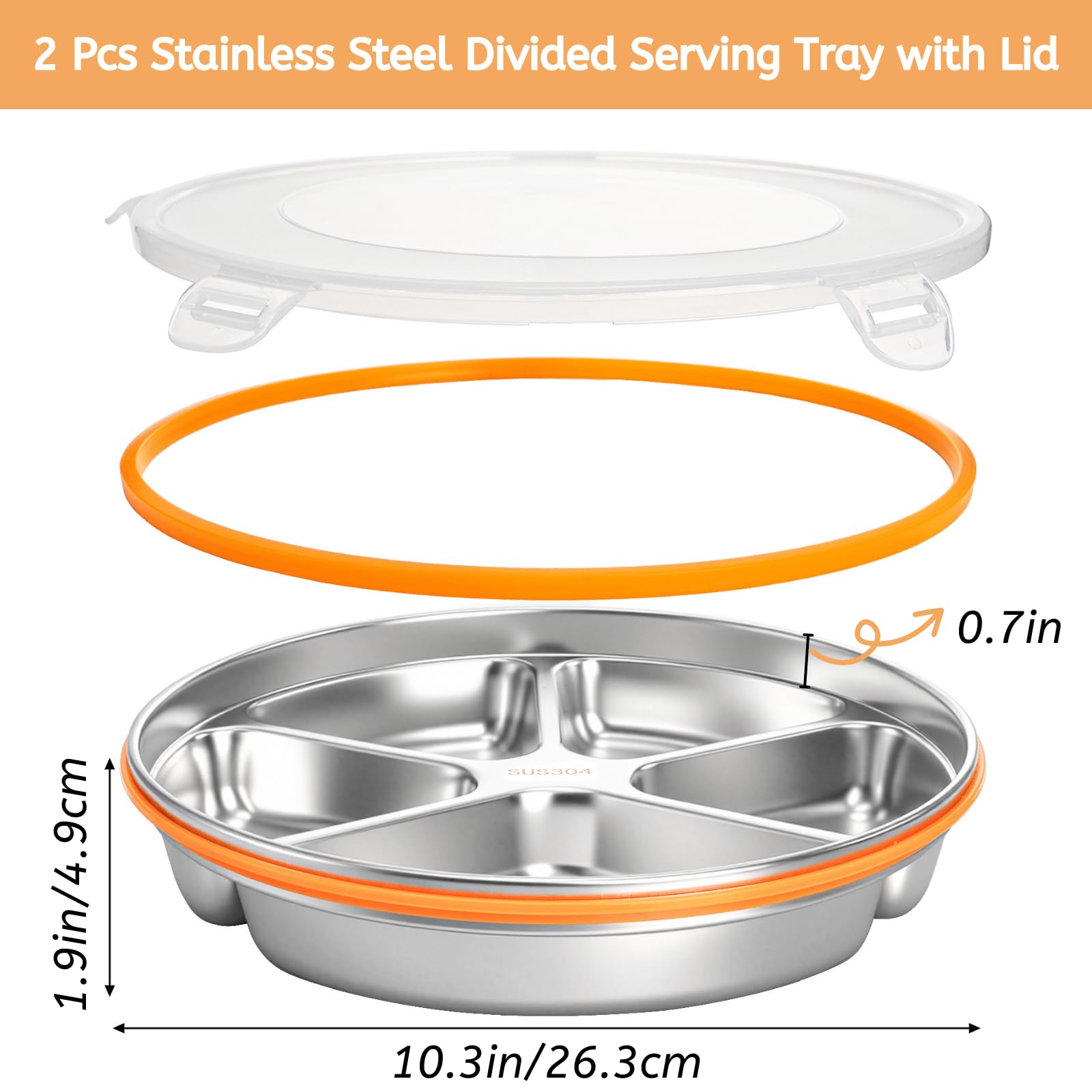 YOUEON 2 Pack Stainless Steel Divided Serving Tray with Lid, 5 Compartments Round Veggie Tray Snack Box, Reusable Sectioned Food Storage Container for Meal Prep, Party, Entertaining