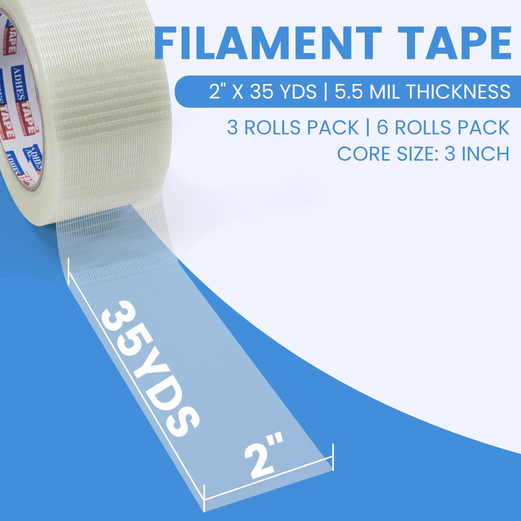 ADHES Filament Strapping Tape 2 Inch x 35 Yards, 3 Rolls, 5.5 Mil Heavy Duty Fiber Reinforced Packing Tape, Fiberglass Tape for Shipping, Sealing & Bundling