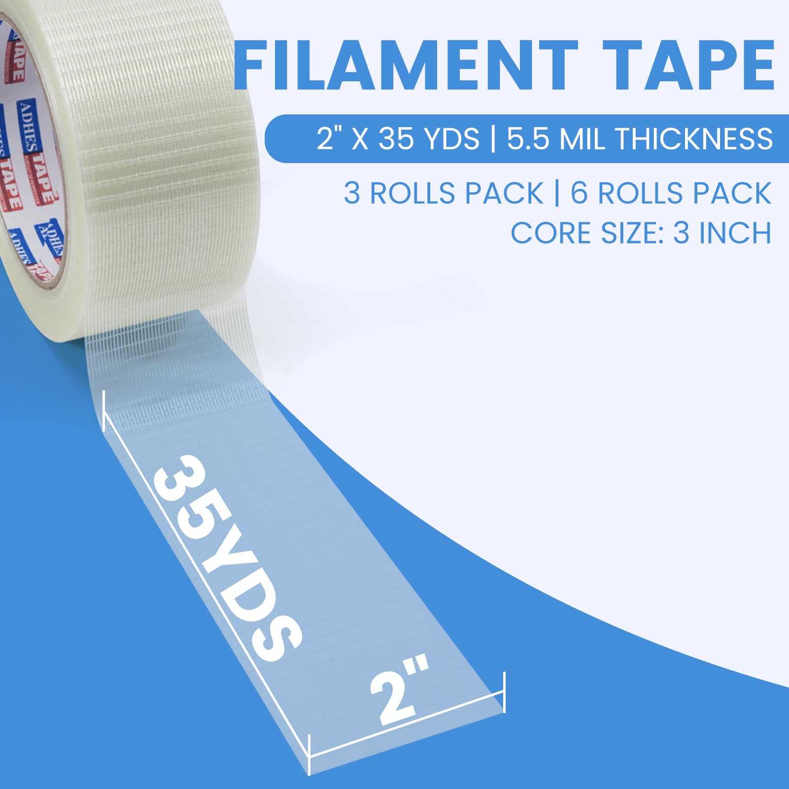ADHES Filament Strapping Tape 2 Inch x 35 Yards, 3 Rolls, 5.5 Mil Heavy Duty Fiber Reinforced Packing Tape, Fiberglass Tape for Shipping, Sealing & Bundling