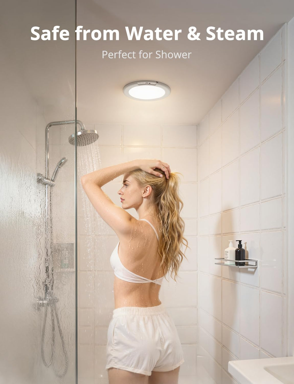 Combuh Round Rechargeable Shower Lights Waterproof 85 Day Battery Powered, 19CM Battery Operated Ceiling Light with Remote Stick on Inside No Electricity Needed LED Wireless Lamp for Hallway Closet