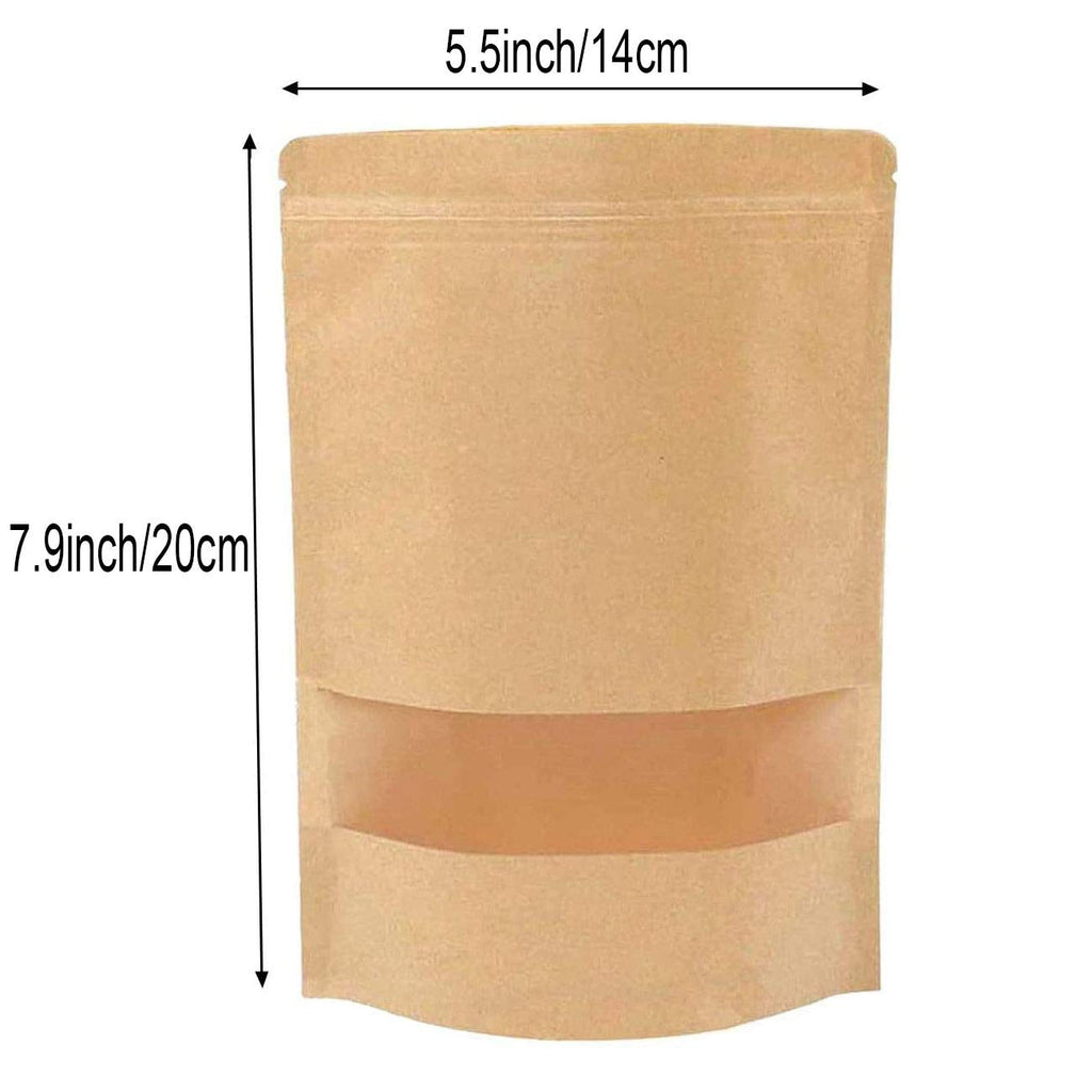 SONYANG 100 Pcs Kraft Paper Bags with Window Stand Up Pouches Bags, Zip Lock Food Storage Bags for Packaging Products, Reusable, Sealable (Brown, 5.5x7.9 inch)