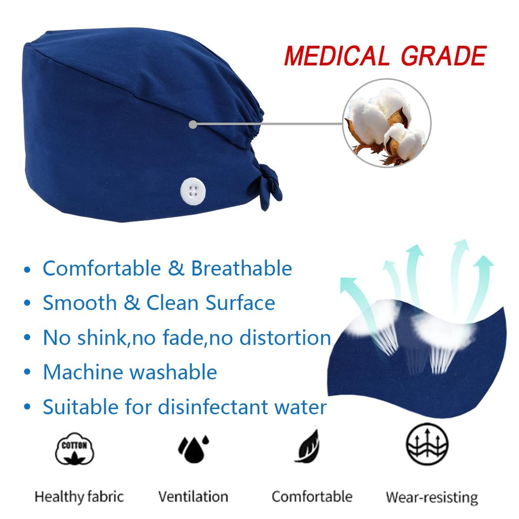 ATHPIK 3pcs Scrub Caps Solid Working Surgical Cap Nurse Hats with Buttons and Sweatband Adjustable Tie Back Hat for Women Men Medical(Black/Blue/Grey)