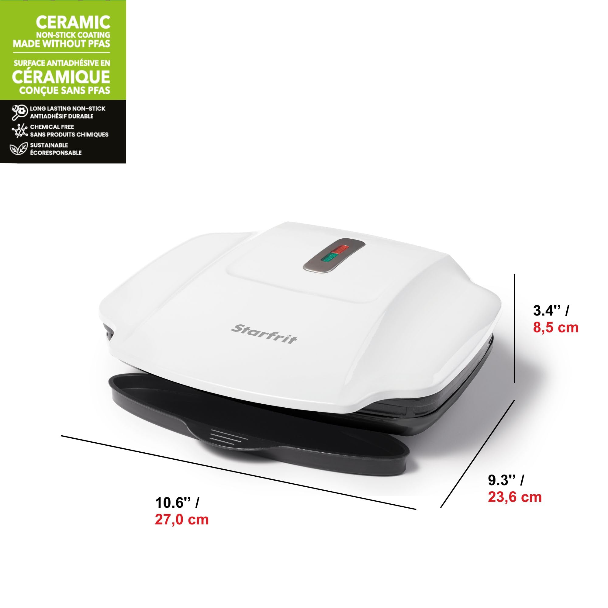 Starfrit Grill And Panini Press With Ceramic Coating - Non-Stick Coating - PFAS-Free - Removable Fat And Oil Collection - White