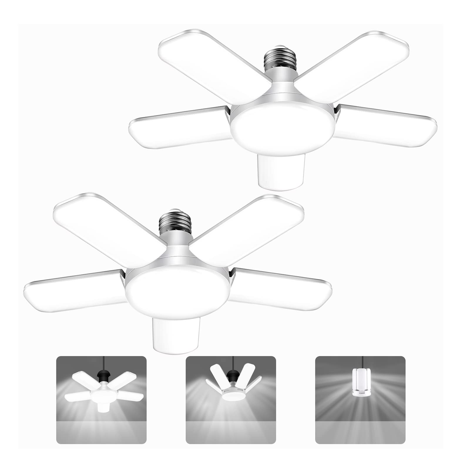 Kofarrten LED Garage Lights, 80W LED Garage Ceiling Lights with 5 Deformable Panels, 8000LM LED Shop Lights for Garages E26/E27 LED Light Bulbs for Garage Ceiling, Workshop, Warehouse (2 Packs)
