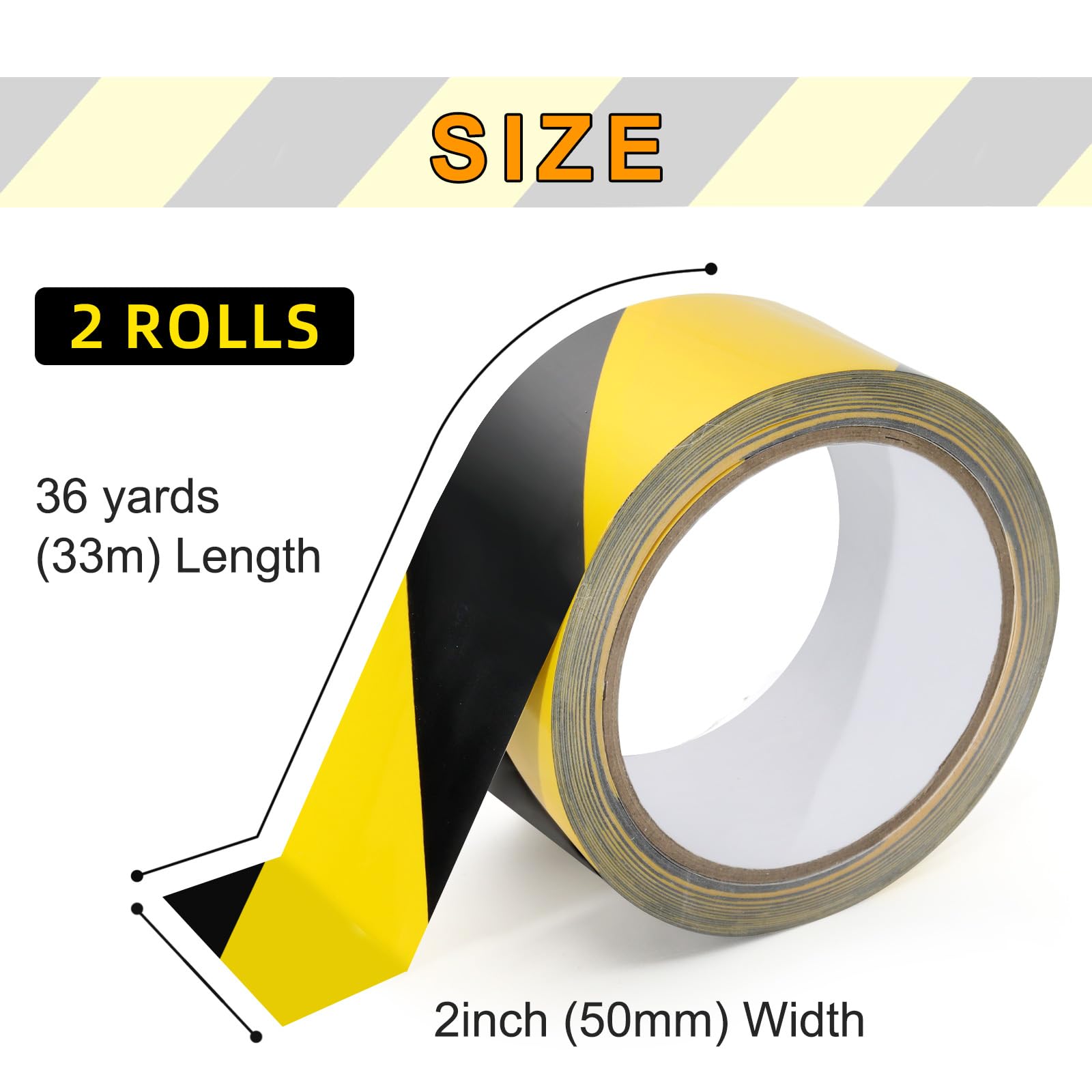 AMOGATO Hazard Warning Tape, Black & Yellow Safety Caution Tape - Strong Adhesive, No Residue, Flexible Hazard Tape for Securing Rugs, Carpets & Marking Hazards, 2inch x 36yds x 2 Rolls