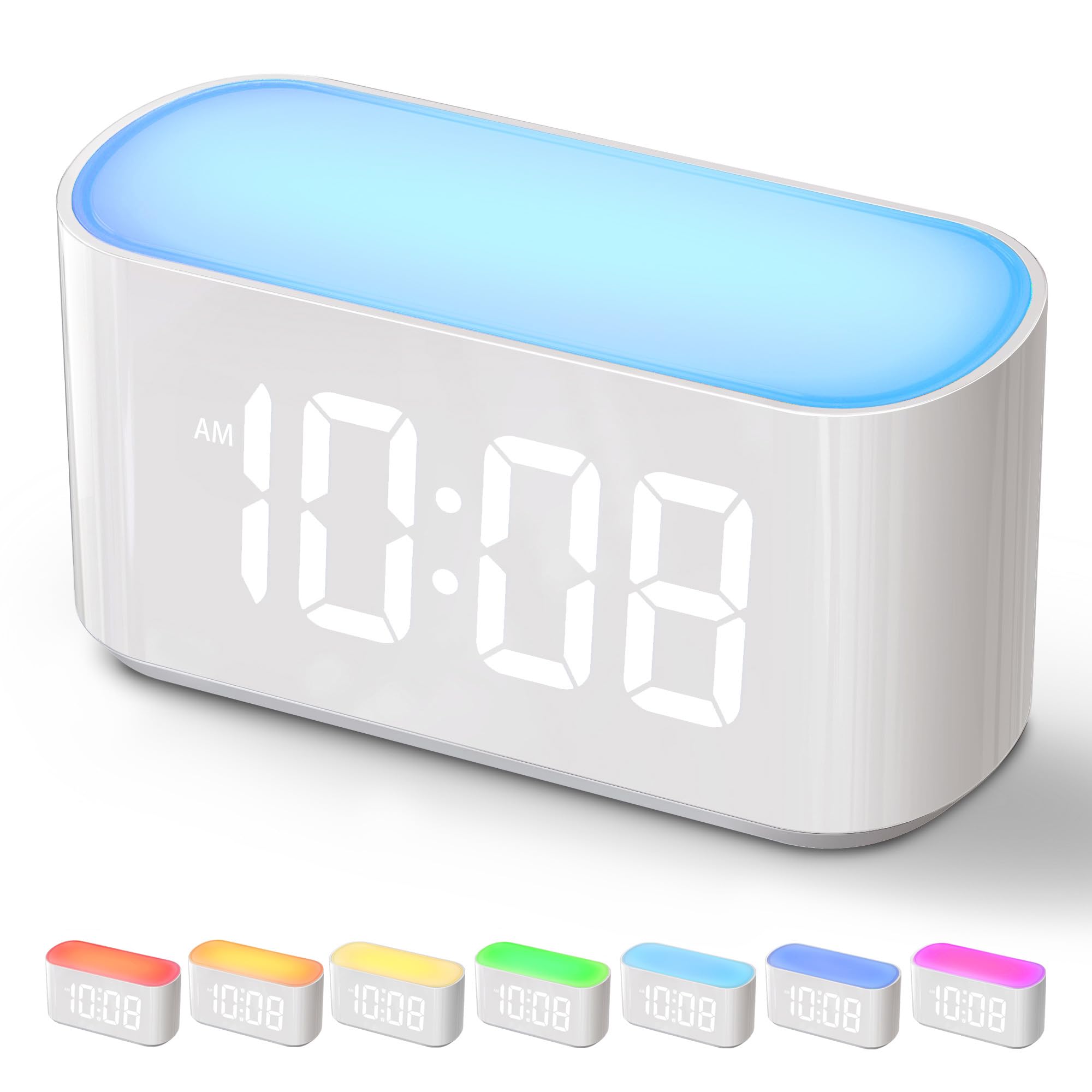 ONLAKE Alarm Clock for Bedrooms, Large Display Digital Clocks with 2 Alarms, 7 Color Larger Night Light, Dimmer, Adjustable Volume, Easy Snooze (White)