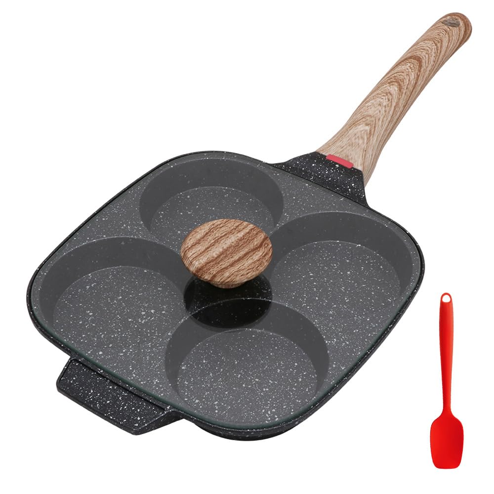 Bobikuke Egg Frying Pan, Pancake Pan with Lid Nonstick 4 Cups Fried Egg Pan Aluminium Alloy Cooker for Breakfast, Gas Stove & Induction Compatible Black