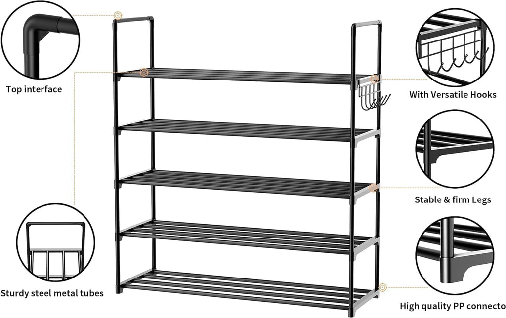 HOMICKER Shoe Rack,5 Tier Shoe Organizer Large Shoe Storage with Hooks,Fit 20-25 Pairs Shoes,Mental Shoe Shelf for Closet,Entryway,Garage,Bedroom