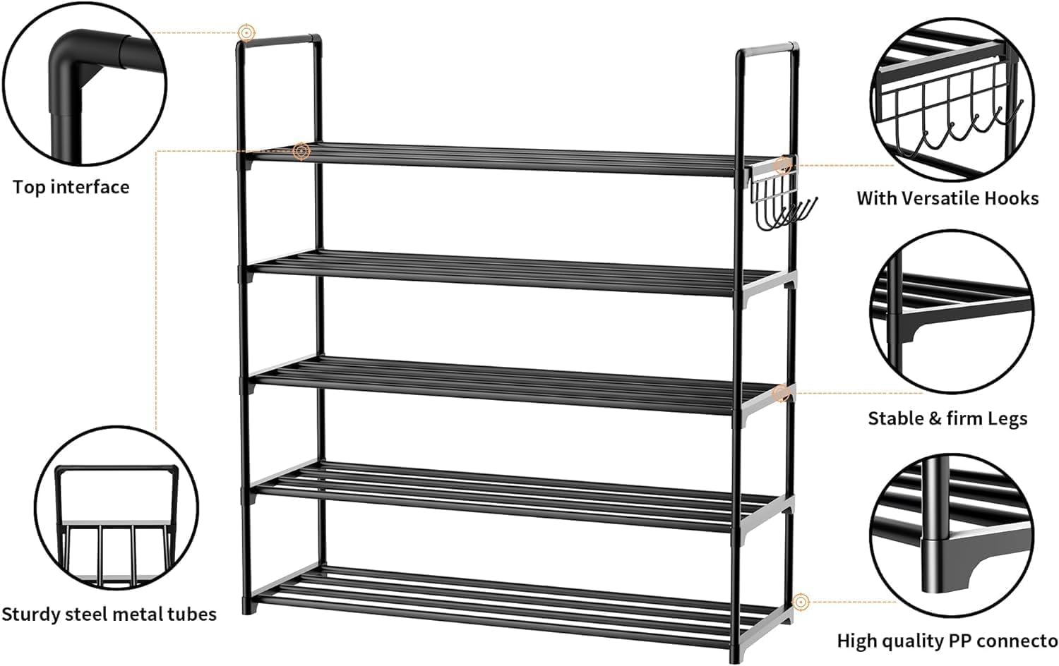 HOMICKER Shoe Rack,5 Tier Shoe Organizer Large Shoe Storage with Hooks,Fit 20-25 Pairs Shoes,Mental Shoe Shelf for Closet,Entryway,Garage,Bedroom