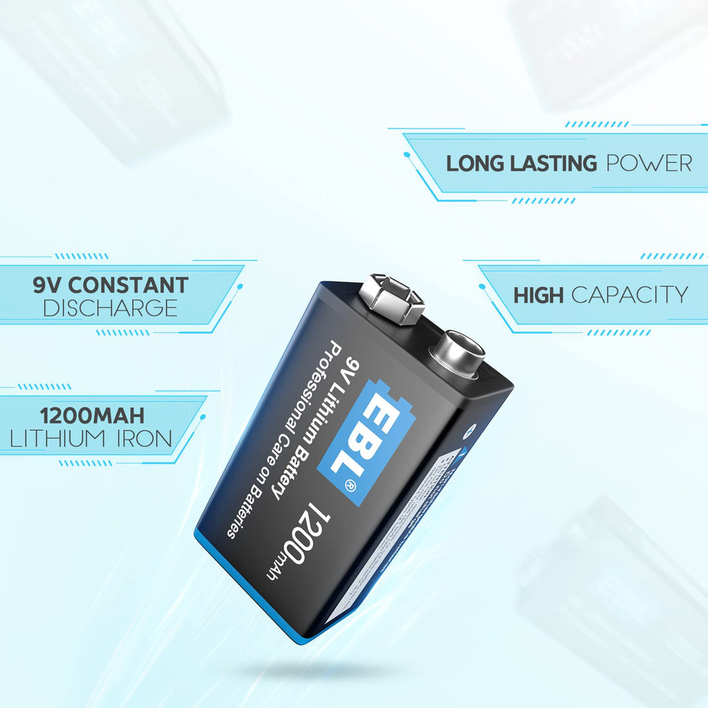 EBL 4 Pack 9V Li-th-ium Metal Batteries, 1200mAh Performance Capacity, Long Lasting, High Power, Light Weight, Non-Rechargeable