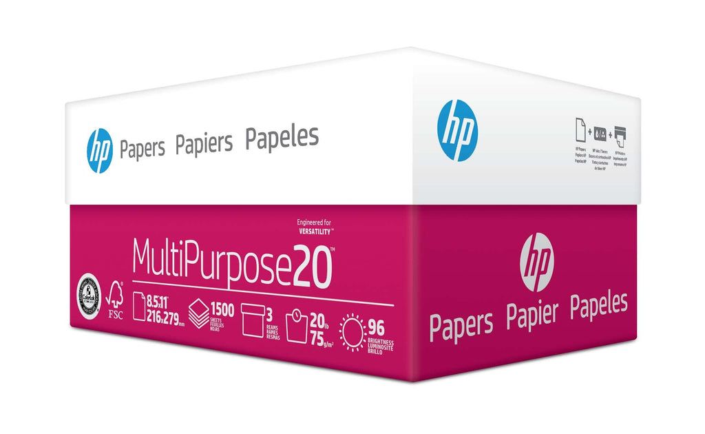 HP Printer Paper 8.5x11 MultiPurpose 20 lb 3 Ream Case 1500 Sheets 96 Bright Made in USA FSC Certified Copy Paper HP Compatible 112530C