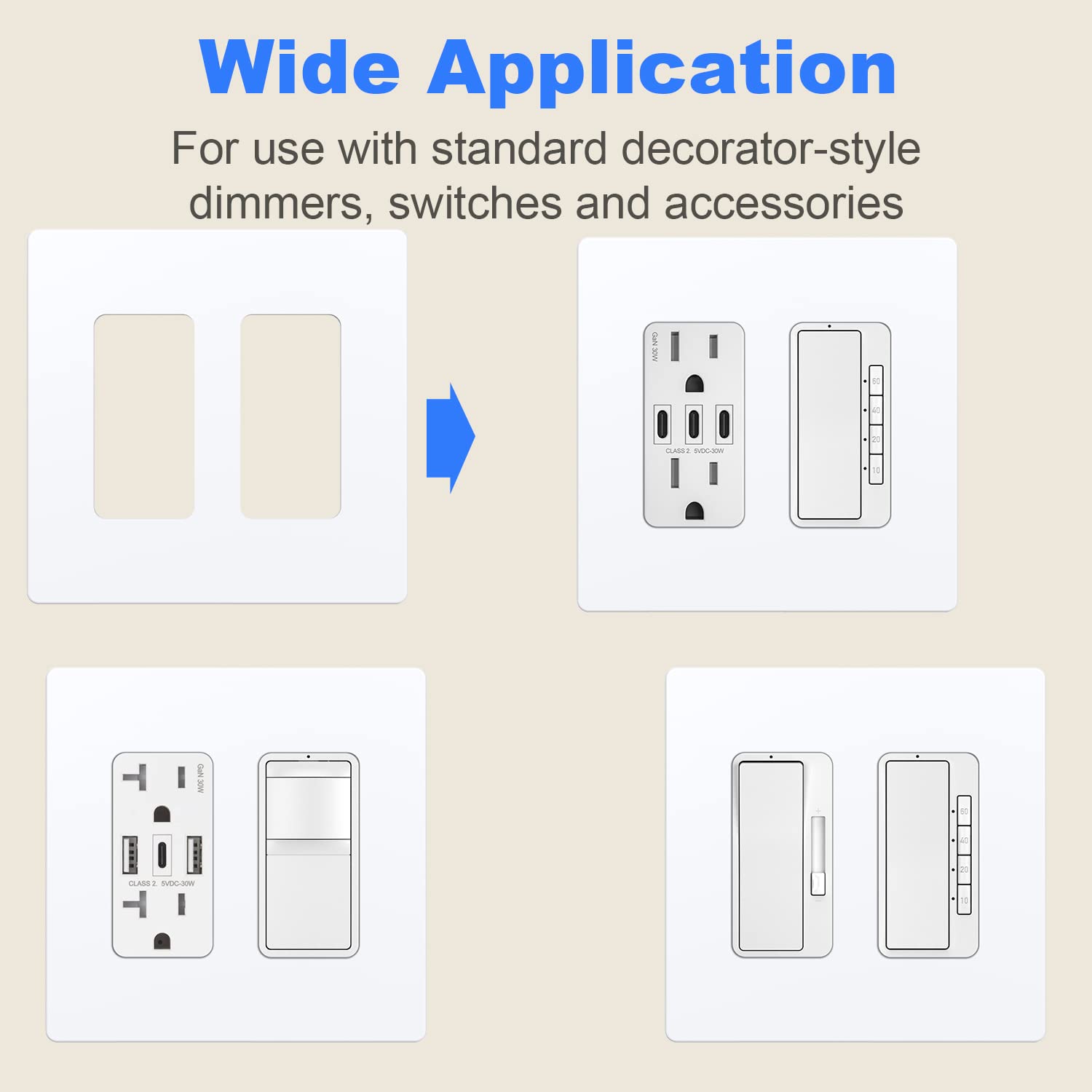 Amerisense Outlet Cover, Screwless Decorator Wall Plate, Light Switch Power Plug Cover, 2-Gang Standard Size, White, 5 Pack,UL Listed