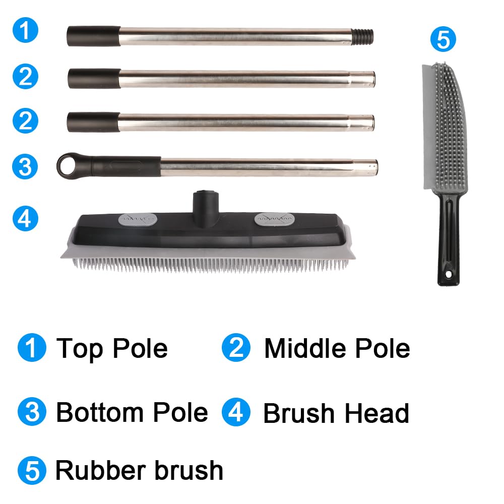 Pet Hair Rubber Broom with Carpet Rake and Squeegee, 2 in 1 Floor Brush for Carpet, 62 inch Adjustable Handle,Black (1)