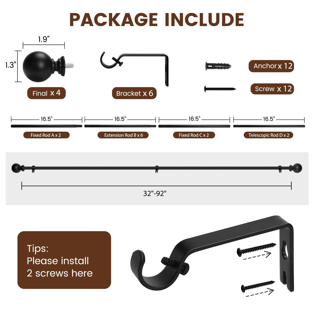 2 Pack Curtain rod for Windows 48 to 84 Inch, 5/8 Inch Small Matte Black Outdoor adjustable Curtain Rods with brackets for Bedroom, Bathroom, Living room, Kitchen, Patio, cafe