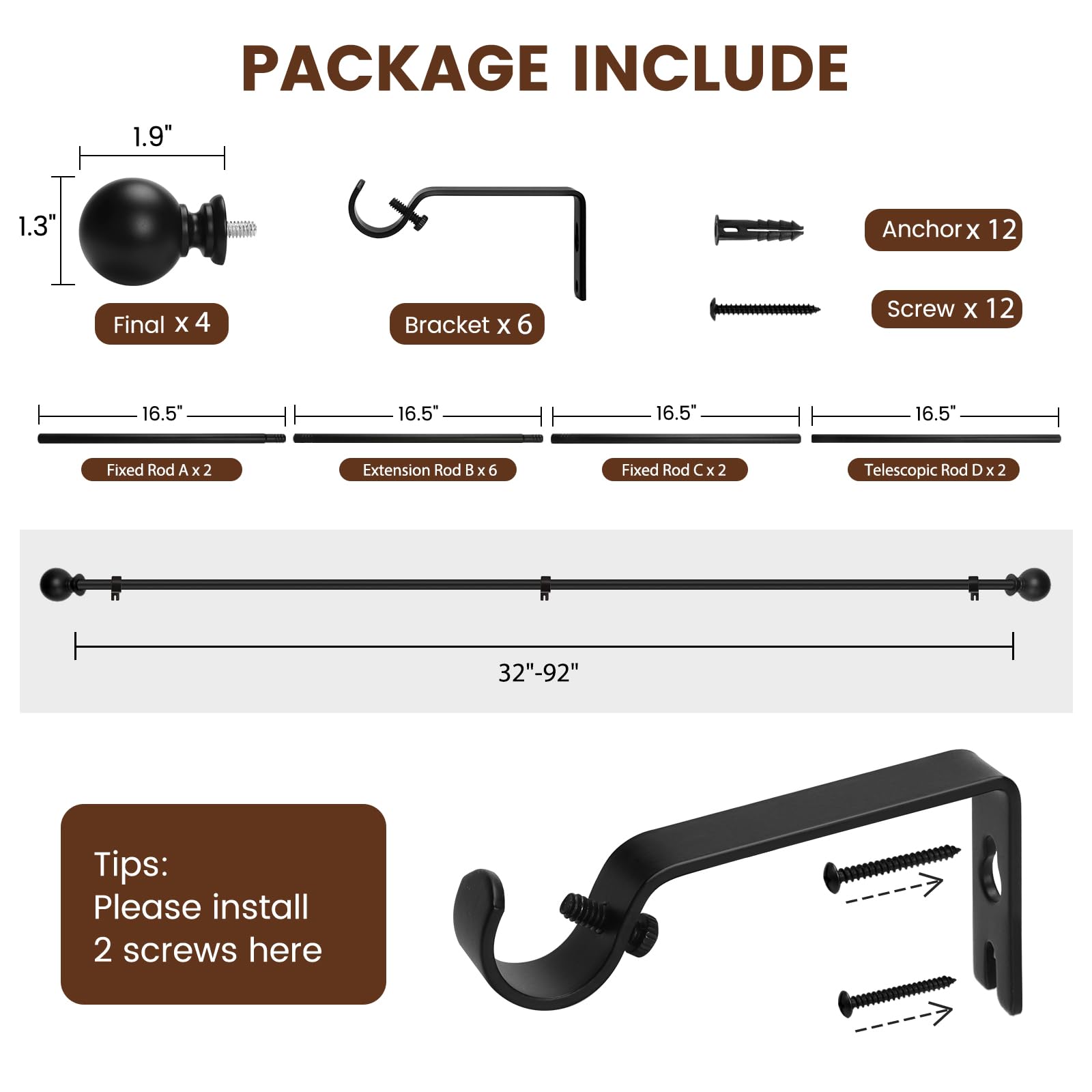 2 Pack Curtain rod for Windows 48 to 84 Inch, 5/8 Inch Small Matte Black Outdoor adjustable Curtain Rods with brackets for Bedroom, Bathroom, Living room, Kitchen, Patio, cafe