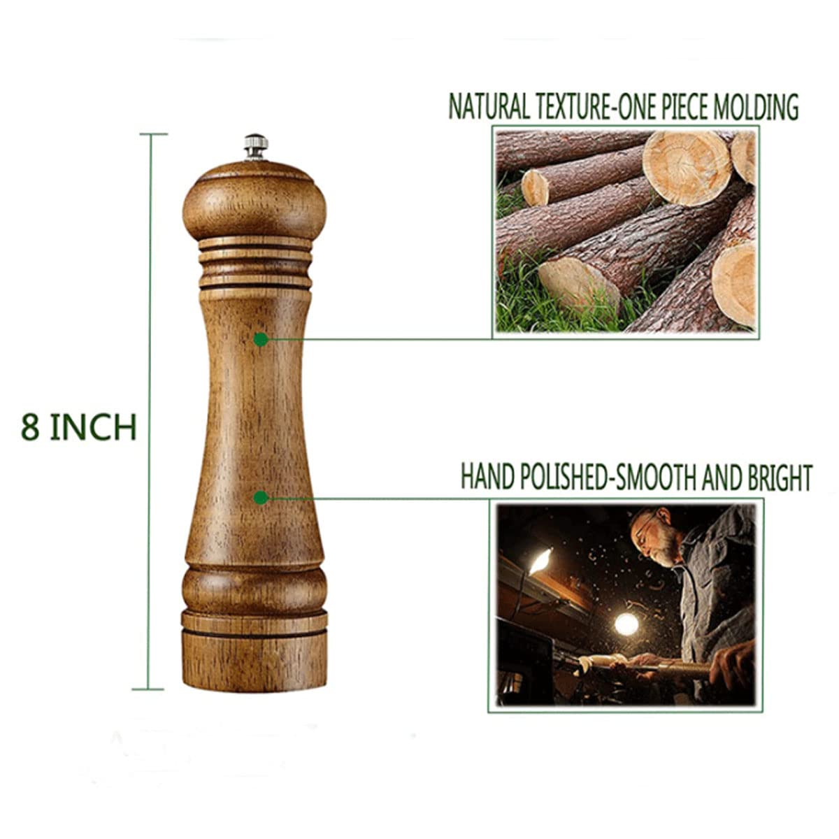 BINHAI Wooden Pepper Mill Pepper Grinder Kit Manual Mills Solid with Strong Adjustable Ceramic Grinders Set 8 Inches